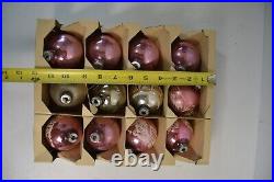 12 Vintage Shiny Brite Pink & Glitter Glass Christmas Tree Ornaments & Box