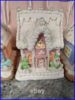3 Gingerbread Christmas HOUSEs Valerie Parr Hill PASTEL Pink Blue Snowman Santa