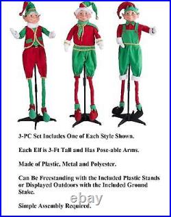 3ft Elf Trio Standing Christmas Decor 3-PC W Stakes Indoor Outdoor Holiday Elves