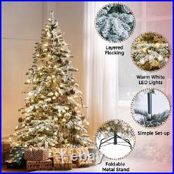 6/7.5FT Pre-lit Snow Flocked Christmas Tree with 400 Warm LED Lights & 940 Tips