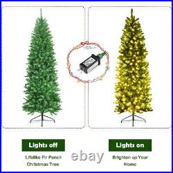 7Ft Pre-lit Artificial Pencil Christmas Tree Hinged Fir PVC Tree /350 LED Lights