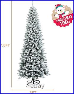 7.5FT Snow Flocked Pencil Christmas Tree Hinged Slim Artificial Xmas Tree with 1