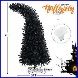 7 FT Pre-Lit Exotic Halloween Tree Artificial Hinged Tree with LED Lights Black