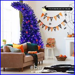7 FT Pre-Lit Exotic Halloween Tree Artificial Hinged Tree with LED Lights Black