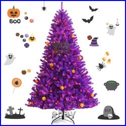 7'Pre-lit Purple Halloween Christmas Tree with Orange Lights Pumpkin Decorations
