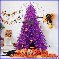 7ft Pre-lit Purple Halloween Christmas Tree with Orange Lights Pumpkin Decorations