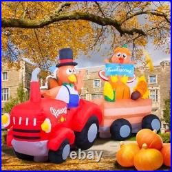 8 FT Thanksgiving Inflatables Happy Turkeys on Tractor LED Lights Blower