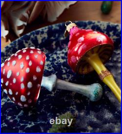 Anthropologie Handblown Glass Mushroom Ornament Glitter Toadstool Poland RareNEW