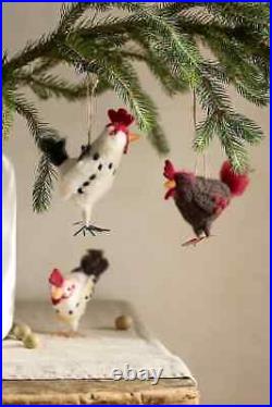 Anthropologie Hen Party Felted Ornaments Wool Chickens Homestead SET 3 NEW
