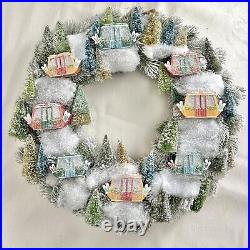 Anthropologie Light-Up Gondola Wreath Christmas Holidays Flocked Whimsical NEW