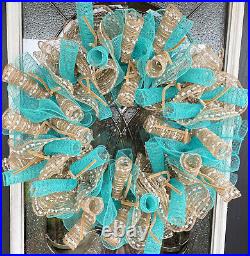 Aqua Blue and Burlap/Jute Deco Mesh Wreath Home Decor Pool Party Decoration