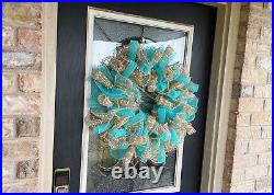 Aqua Blue and Burlap/Jute Deco Mesh Wreath Home Decor Pool Party Decoration