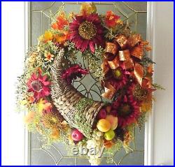 Autumn Fall Cornucopia Thanksgiving Decor Harvest Fruits Sunflower Wreath