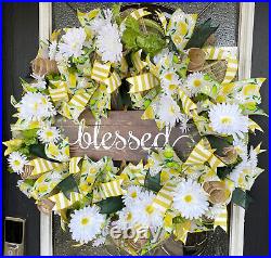BLESSED Lemon Lime Daisy Deco Mesh Front Door Wreath Handmade Summer Home Decor