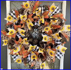 Beautiful Fall Sunflower Plaid Deco Mesh Front Door Wreath Decoration Decor