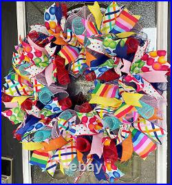 Birthday Balloon & Dot Party Front Door Deco Mesh Wreath Festive Bright Cheerful