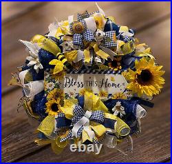 Bless This Home wreath, Spring-Summer wreath, Sunflower Bee wreath, Everyday wreath