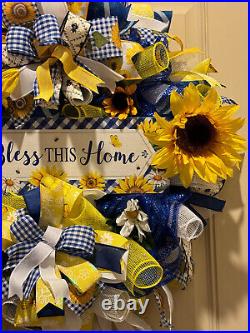 Bless This Home wreath, Spring-Summer wreath, Sunflower Bee wreath, Everyday wreath