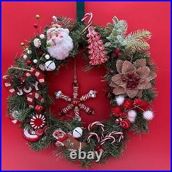Christmas Wreath 15 With Santa Gingerbread Glitter Ribbon Hand Made USA With Box