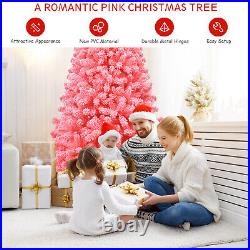 Costway 7.5' Snow Flocked Hinged Artificial Christmas Tree with Metal Stand Pink