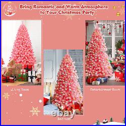 Costway 7.5' Snow Flocked Hinged Artificial Christmas Tree with Metal Stand Pink