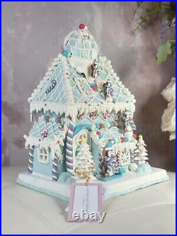 Cupcakes&Cashmere Christmas LightUp Pastel Blue Gingerbread House WithPenguins 14