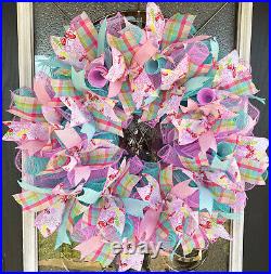 Darling Pastel Plaid & Butterfly Spring Easter Deco Mesh Front Door Wreath Decor
