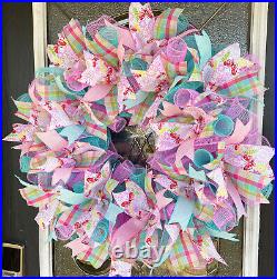 Darling Pastel Plaid & Butterfly Spring Easter Deco Mesh Front Door Wreath Decor
