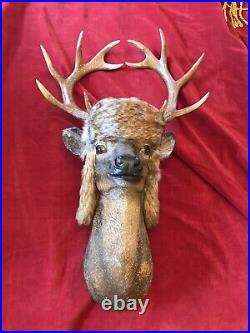 December Diamonds Deer Head Wall Mount Buffalo Check Hat Fur Trim Holiday Decor