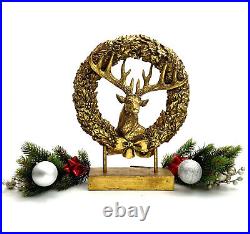 Deer / Stag Head in golden Wreath on Base Vintage Christmas? Cabin Decor
