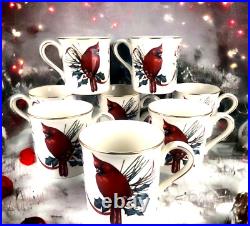 EIGHT (8) Lenox WINTER GREETINGS Cardinal on Holly MUGS Cups UNUSED Christmas