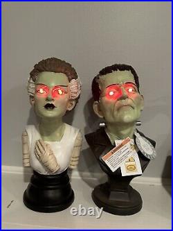 Frankenstein & His Bride Bust Light Up Eyes Red Halloween Decor Statue PAIR