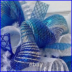 Glittering Silver And Blue Hanukkah Deco Mesh Ribbon Wreath