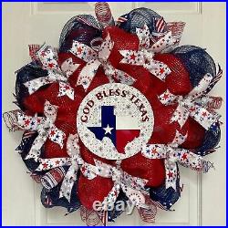 God Bless Texas Fireworks Patriotic or All Occasion Wreath Handmade Deco Mesh