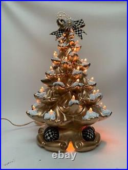 Gold Ceramic Christmas Tree Checked Tabletop withSnowithMackenzie Childs Ribbon HP