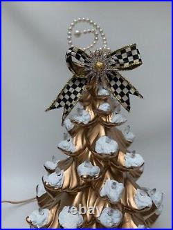 Gold Ceramic Christmas Tree Checked Tabletop withSnowithMackenzie Childs Ribbon HP