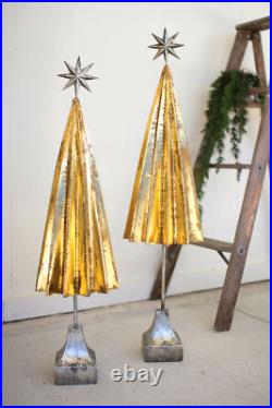 Gold Folded Metal Christmas Tree Set Silver Stars Holiday Trees Stand Set Of 2