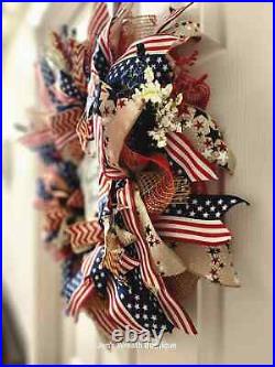 Handmade Patriotic Wreath Perfect 4th Of July Decor Red, White & Blue