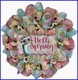 Hello Spring Floral Rain boots Pastel Wreath Handmade Deco Mesh