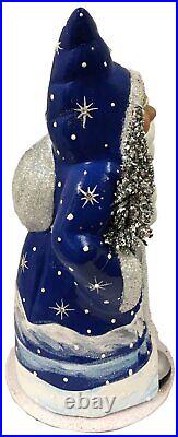 Ino Schaller Blue Santa with Crystal Stars German Paper Mache Candy Container
