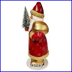 Ino Schaller Red Santa with Gold Stars Holding Christmas Tree German Paper Mache