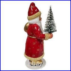 Ino Schaller Red Santa with Gold Stars Holding Christmas Tree German Paper Mache