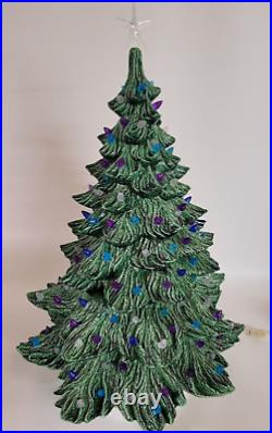 Large Ceramic Christmas Tree 25 Inch Centerpiece Blue Purple Music Box Light Up