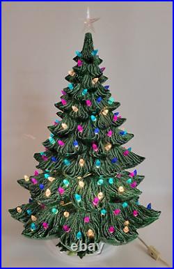 Large Ceramic Christmas Tree 25 Inch Centerpiece Blue Purple Music Box Light Up