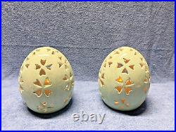 Lot of 2 Pottery Barn Small Blue Pierced Ceramic Egg With Flameless Candle