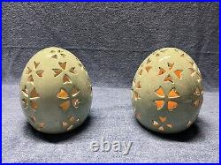 Lot of 2 Pottery Barn Small Blue Pierced Ceramic Egg With Flameless Candle
