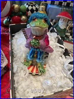 Mackenzie-Childs Granny Kitsch Frog Glass Ornament. NIB Courtly Check