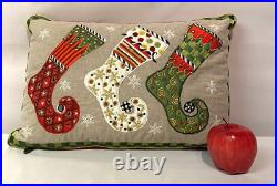 Mackenzie-Childs Trio Elf Stockings Pillow 12 X 18 Lumbar Embroidery Beading