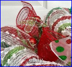 Merry Christmas Red and Green Striped Wreath Handmade Deco Mesh