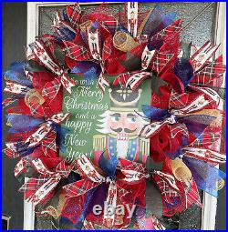 Nutcracker Toy Soldier Christmas New Year Deco Mesh Front Door Wreath Decoration